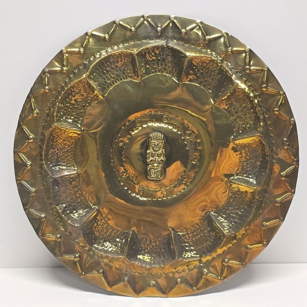 Vintage Aztec Mayan Style Gold Metal Wall Hanging Plate
